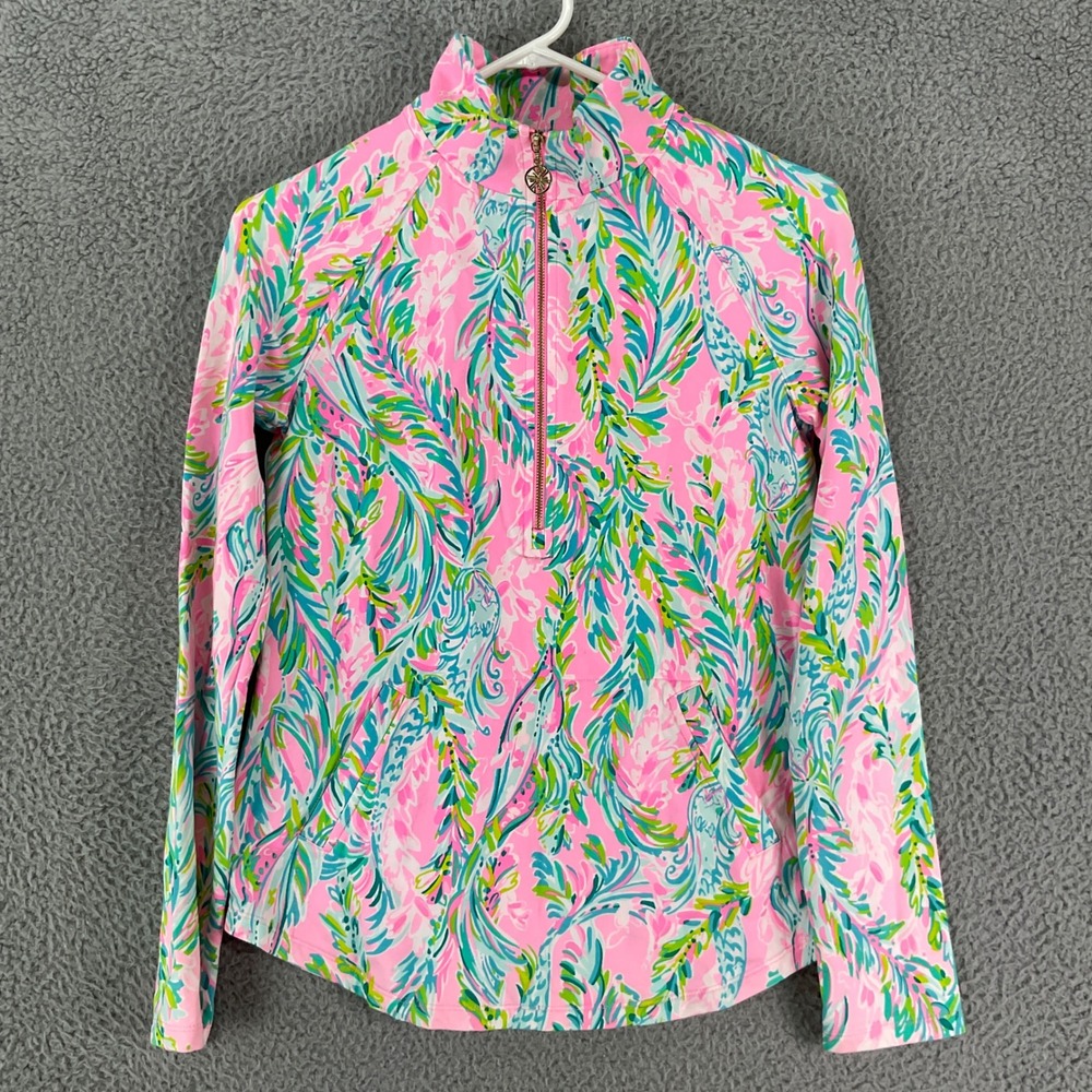 Lilly Pulitzer Skipper Popover Women XS Pink Tropical Feather Half Zip Pullover - Picture 2 of 9